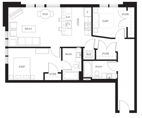 Floor plan for 2 beds, 2 baths, 939 sqft